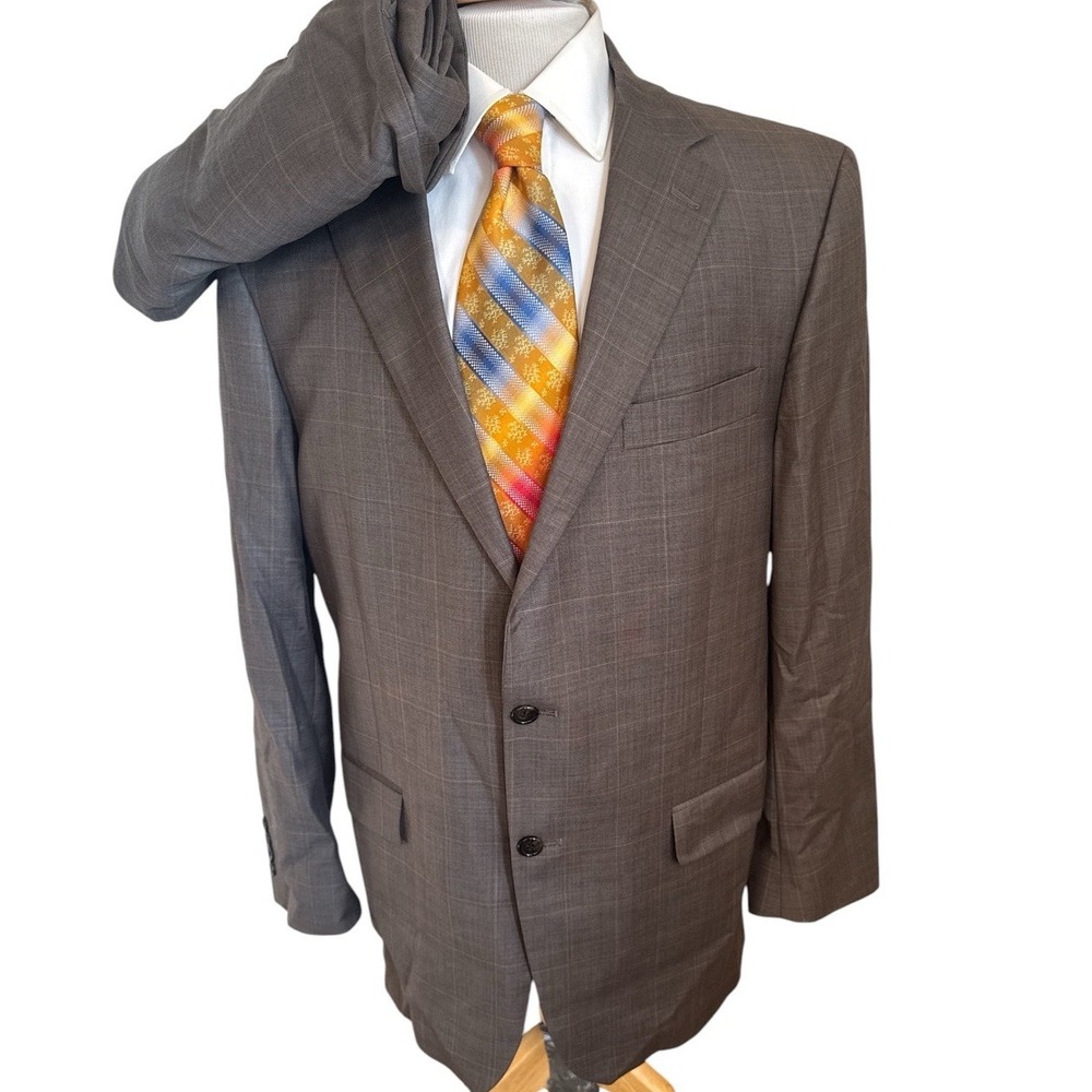 Hart Schaffner Marx Brown Windowpane Plaid 44R Modern Wool 2pc Suit 38x31 Pants